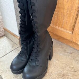 H&M divided black lace up boots knee high platform boots black size 39 size 8.5